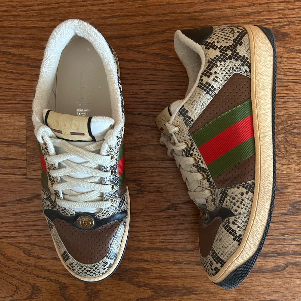 Gucci Snake Print Sneakers with Red and Green Stripes